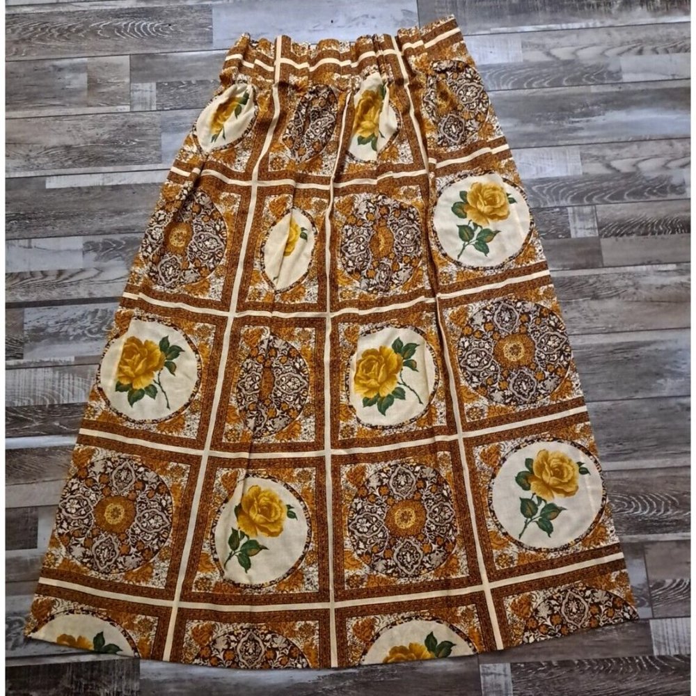 Vintage Pinch Pleated Curtain Panel 1970s Yellow Rose Brown Gold Medallion 24x47
